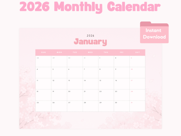 2026 Calendar monthly planner pink